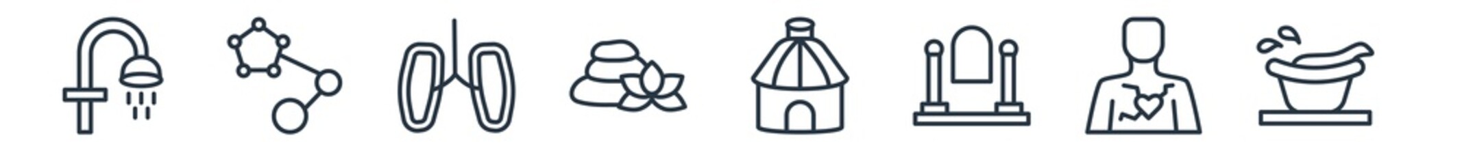 linear set of sauna outline icons. line vector icons such as luxury shower, hormones, respiration, well-being, yurt, splashing vector illustration.