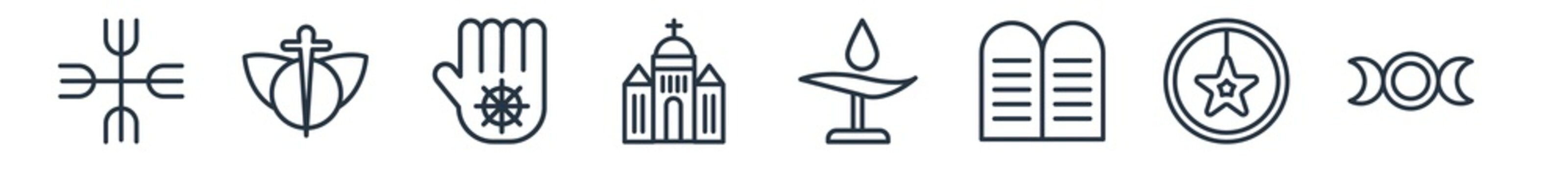 linear set of religion outline icons. line vector icons such as paganism, heresy, jainism, vatican, unitarian universalism, goddess vector illustration.
