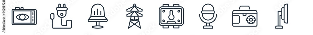 Poster linear set of technology outline icons. line vector icons such as black eye, plug with circular cabl