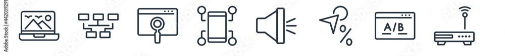 Poster linear set of technology outline icons. line vector icons such as , data modelling, search engine ma