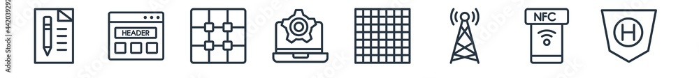 Poster linear set of technology outline icons. line vector icons such as declarations, semantic elements, r