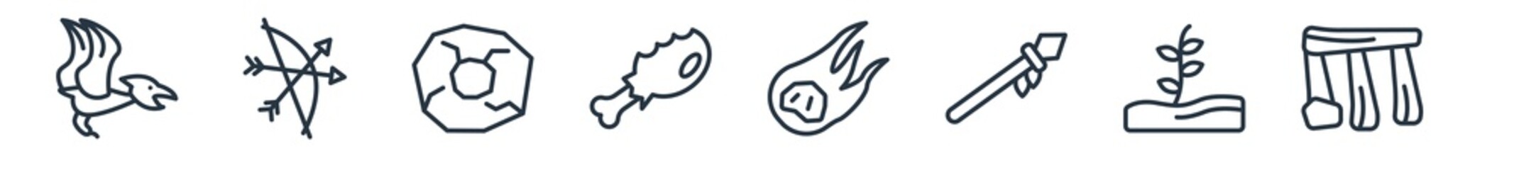 linear set of stone age outline icons. line vector icons such as pterodactyl, bow, wheel, chicken leg, meteorite, dolmen vector illustration.