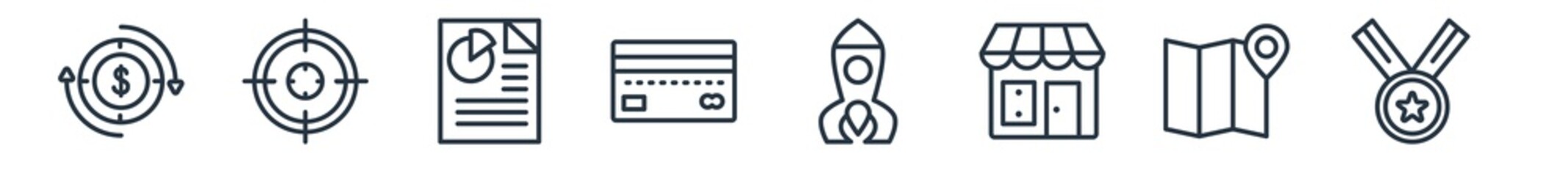 linear set of strategy outline icons. line vector icons such as investment?, target?, report?, card?, startup?, medal? vector illustration.