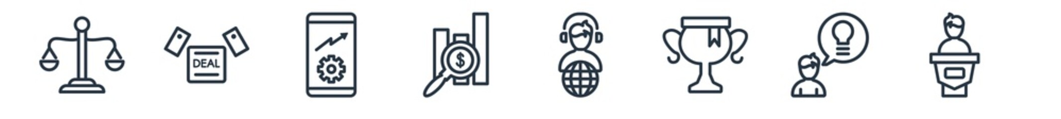 linear set of strategy outline icons. line vector icons such as balance?, deal?, smartphone?, forecast, customer support?, speech? vector illustration.