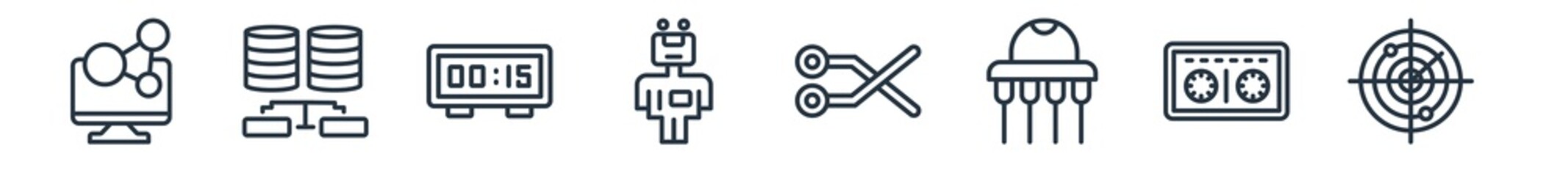 linear set of technology outline icons. line vector icons such as conection, database secure connection, digital number 15, humanoid robot, printed circuit connections, radar sweep vector