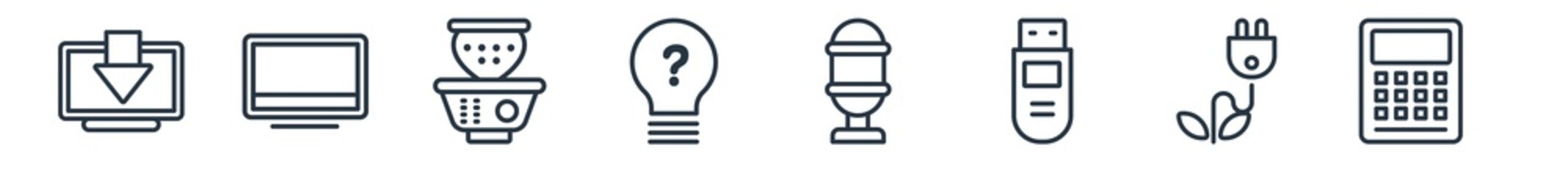 linear set of technology outline icons. line vector icons such as receive, big tv, fryer, light bulb idea, retro microphone, calculations vector illustration.