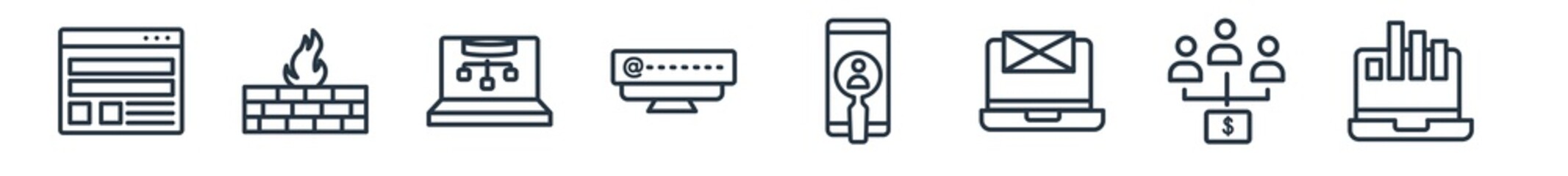 linear set of technology outline icons. line vector icons such as user interface, firewalls, sitemaps, mentions, user research, growth hacking vector illustration.