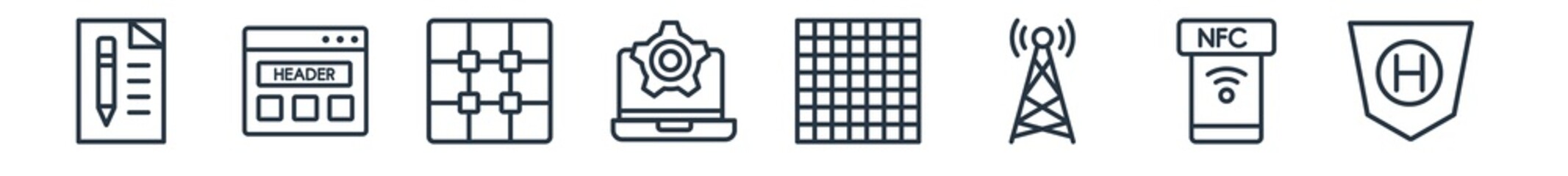 linear set of technology outline icons. line vector icons such as declarations, semantic elements, raster images, website optimization, grid system, hybrid app vector illustration.