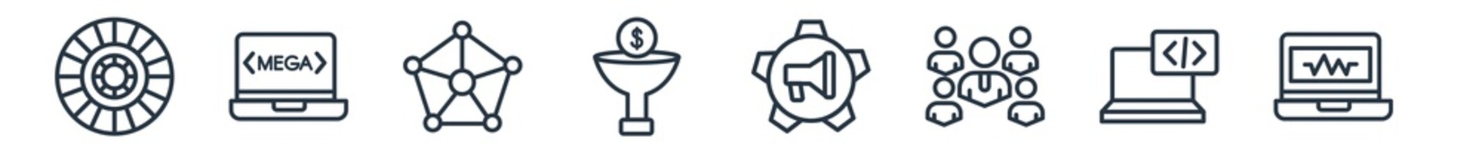 Obraz premium linear set of technology outline icons. line vector icons such as colory theory, meta elements, social graph, conversion rate optimization, marketing automation, virtual box vector illustration.