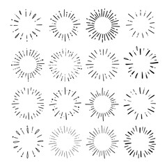 Doodle circle sunburst, sparkle ray set. Hand drawn sketch style. Shine frame symbol for badge. Vector illustration.