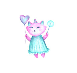 Unicorn pink cat in a dress with a lollipop and a balloon isolated on a white background. Cute adorable baby kitten for baby shower. Hand-drawn watercolor illustration