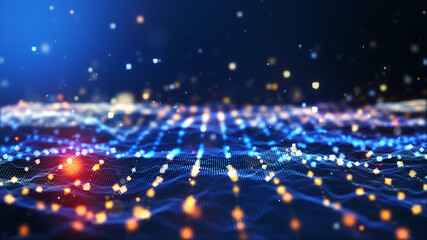 Glow blue digital landscape with cube particle. Crypto currency, big data, block chain and digital technology concept. 3D Rendering.