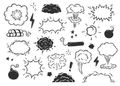 Hand drawn explosion, bomb, smoke element. Comic doodle sketch. Bomb cloud, dynamite, star sign. Vector illustration.