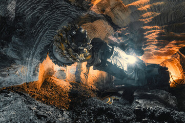 Underground mining of ore. Drilling head of a mine roadheader - obrazy, fototapety, plakaty