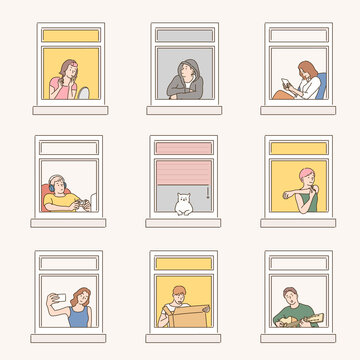 Neighbors seen through the window of the apartment. hand drawn style vector design illustrations. 