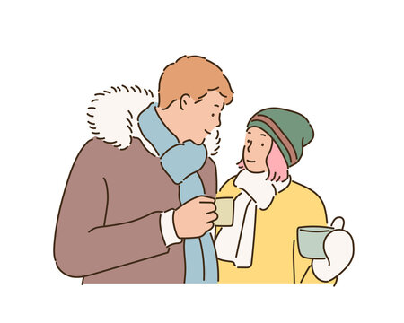 Couple in winter fashion style holding a hot drink in their hands. hand drawn style vector design illustrations. 