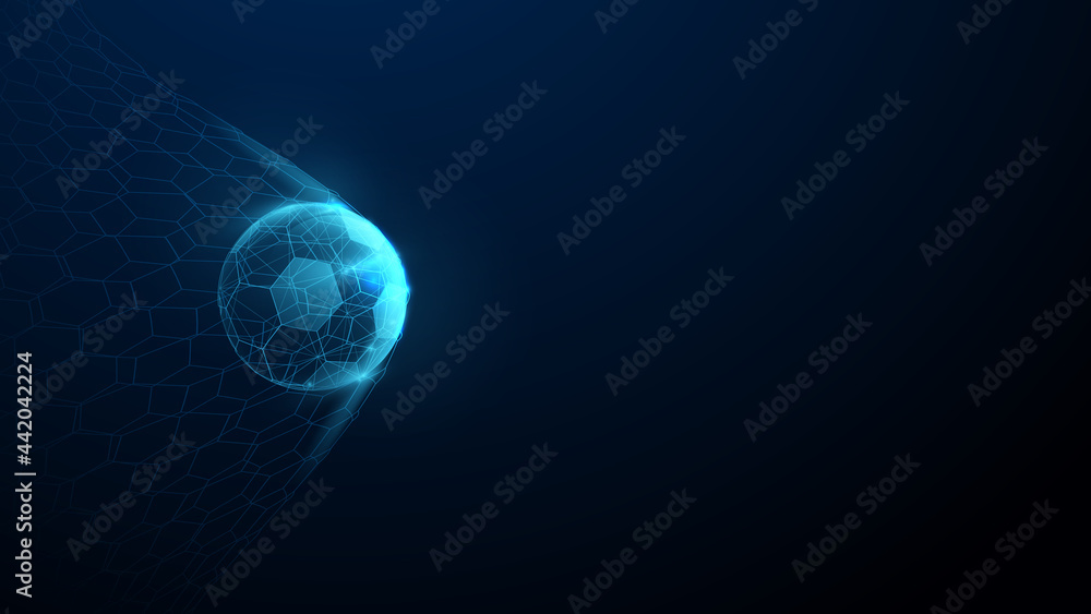 Poster soccer ball in goal with low polygon line, triangles and particle style design. illustration vector