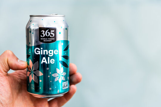 Nellysford, USA - April 29, 2021: Closeup of sign for Whole Foods 365 brand ginger ale drink in aluminum can hand holding