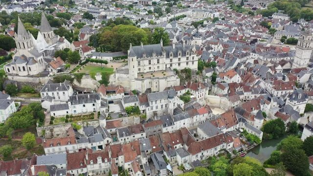 Aerial view of historic center of Loches town overlooking ancient Chateau of Anjou family with collegiate church, royal lodge and donjon, France