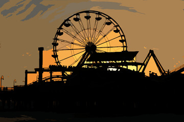 Santa Monica Play Park at Sunset with the Ferris Wheel Clearly Seen - obrazy, fototapety, plakaty