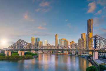 Brisbane city skyline and Brisbane river at sunset