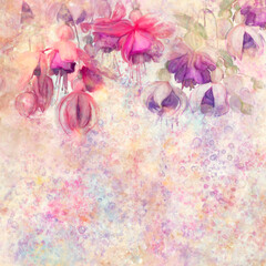 Pink and purple fuchsia flowers watercolor background - obrazy, fototapety, plakaty