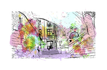Building view with landmark of Girona is a city in Spain. Watercolor splash with hand drawn sketch illustration in vector. - obrazy, fototapety, plakaty