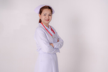Young nurse woman smile face with stethoscope with nature white background,