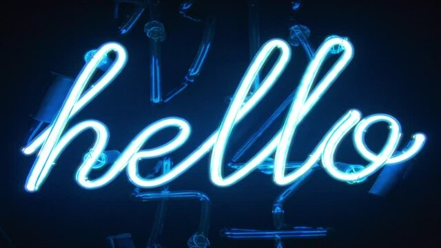 Hello text, neon light flickering loop background, banner illustration, graphic, template concept, glow, welcome symbol, logo, slogan.