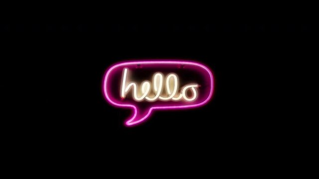 Hello speech bubble text, neon glow flickering loop background, 3D banner illustration, sign, graphic concept, light template, lettering.