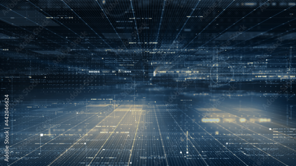 Poster Futuristic simulation of 5G network concept, artificial intelligence quantum physic matrix particles deep learning performing analytic computational head up display background