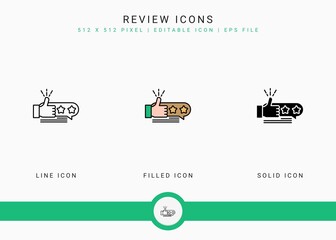Review icons set vector illustration with solid icon line style. Customer satisfaction check concept. Editable stroke icon on isolated background for web design, infographic and UI mobile app.