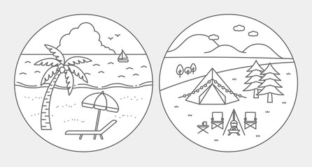 海と山の風景、ビーチリゾートとキャンプ場の丸形イラスト
