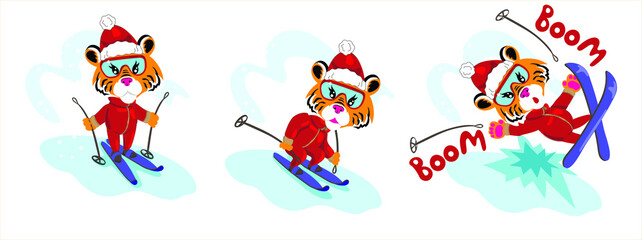 Tiger in santa claus clothes. The tiger is skiing in a red suit and hat. The symbol of the new year. Print for sweatshirt, t-shirt. Funny christmas card. 
Tiger zodiac sign
