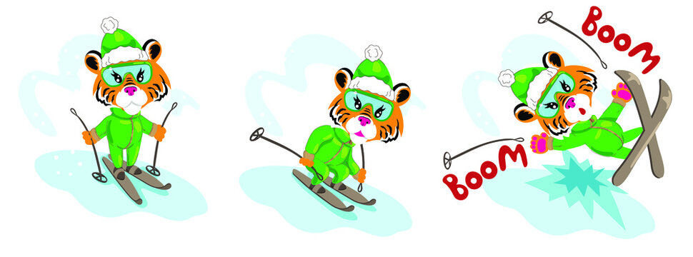 Cute tiger is skiing. Humor postcard. The symbol of the new year. Print for sweatshirt, t-shirt. Funny christmas card. 
Tiger zodiac sign
