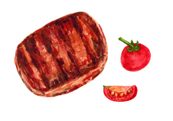 Steak and tomato, isolated on a white background. A set of food. The illustration is hand-drawn with watercolor.