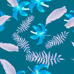 Fototapeta na wymiar Lavender Tropical Painting. Navy Seamless Leaves. Azure Pattern Design. Cobalt Floral Painting. Violet Flower Textile. Purple Decoration Background. Drawing Background.