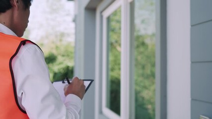 Engineers from the Quality department are inspection and recording construction problems. Inspector writes down the details before deliver the house to the customer. Landlord for new house concept.