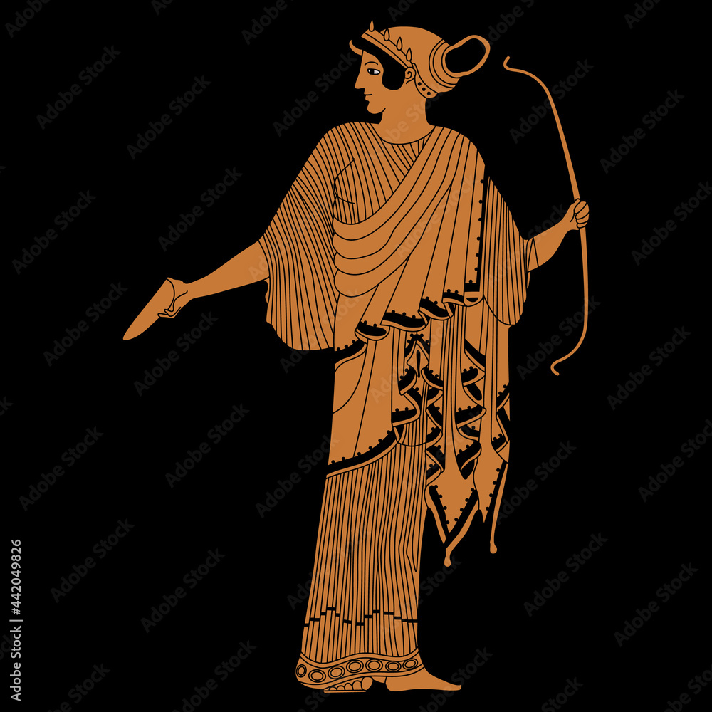 Wall mural ancient greek female character. standing goddess artemis with a bow. vase painting style. isolated v