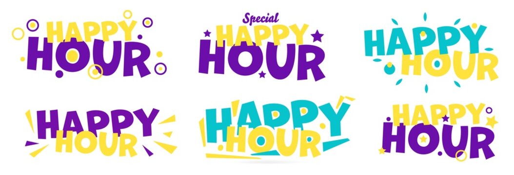 Happy Hours Color Special Label, Badge Or Emblem. Set Of Club Party Or Daily Event Entertainment