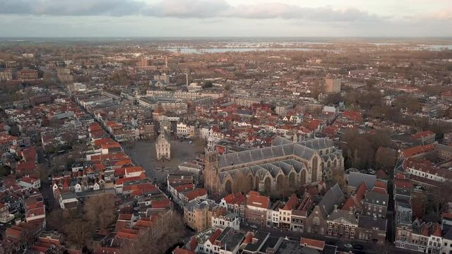 Aerial view of Saint John Church and the town hall of Gouda in the Netherlands.