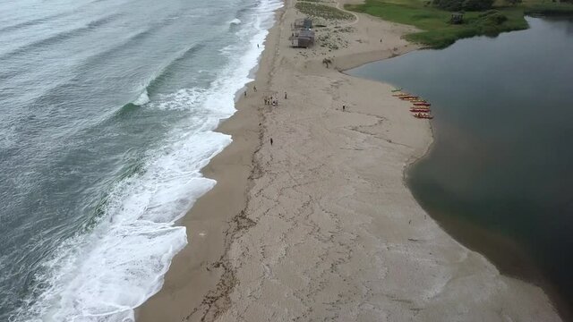 People At Veleka Beach In Sinemorets, Bulgaria With Scenic Aerial View Of Veleka River And Black Sea.