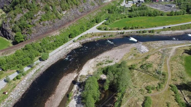 Aerial view of famous salmon river at Dalekvam - flowing beside railway between Bergen Voss and Oslo