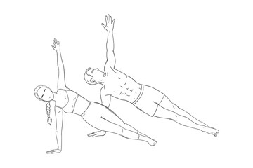 Woman and man in side plank pose. Yogi couple in vasisthasana isolated in white background. Sketch vector illustration isolated in white background