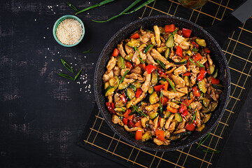 Stir fry with chicken, zucchini and sweet peppers - Chinese food. Top view, above