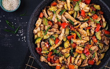 Stir fry with chicken, zucchini and sweet peppers - Chinese food. Top view, above