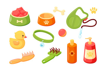 Dog accessories with collar, bowls, duck, combs, shampoo and leash. Puppy stuff for grooming, feeding and games. Vector illustration in cute comic style