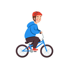 Naklejka premium Cute kid boy in safety helmet riding a bicycle, child with two wheel bike.