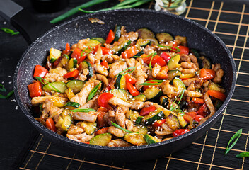 Stir fry with chicken, zucchini and sweet peppers - Chinese food.