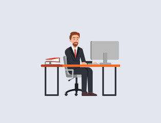 Fototapeta premium Office worker at desk behind desktop computer, flat vector illustration isolated.